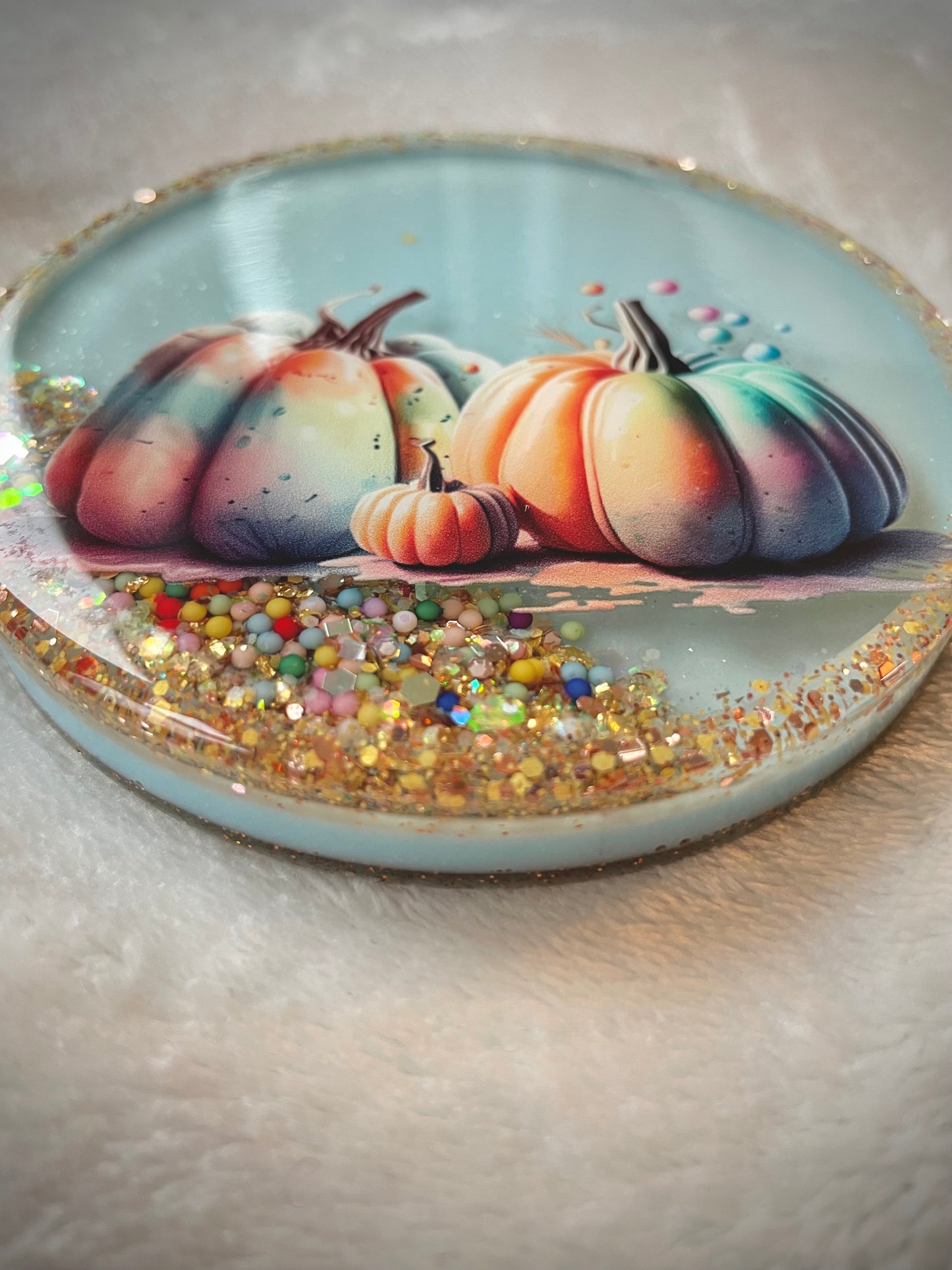 Pastel Pumpkins Snow Globe Coasters