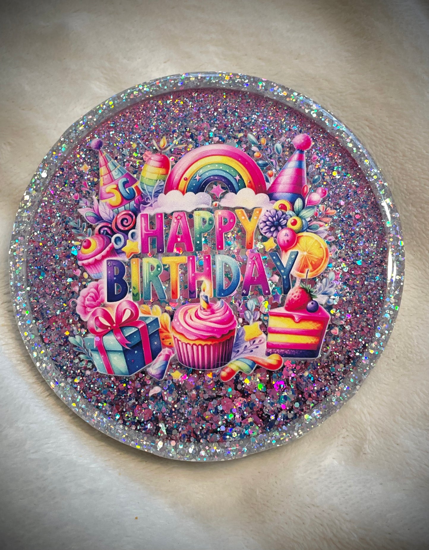 Happy Birthday Rainbow Snow Globe Coaster